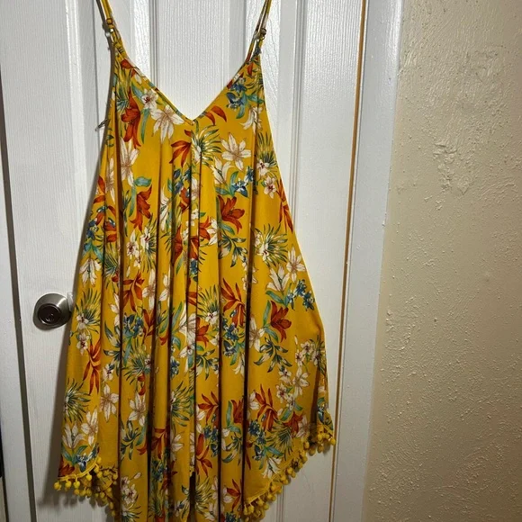 Goa Beachwear Japna Sz Large Tropical Floral Cover Up Dress Pom Pom Hem Yellow - Picture 12 of 12